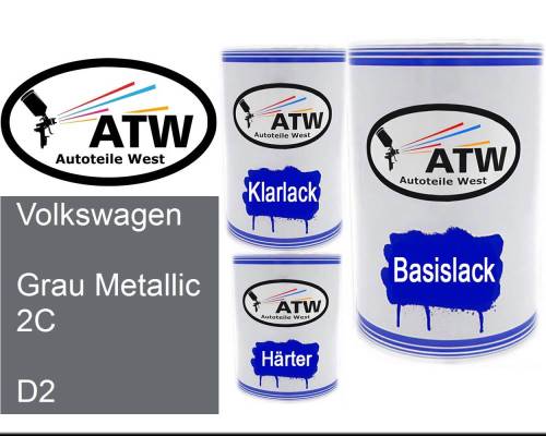 Volkswagen, Grau Metallic 2C, D2: 500ml Lackdose + 500ml Klarlack + 250ml Härter - Set, von ATW Autoteile West.